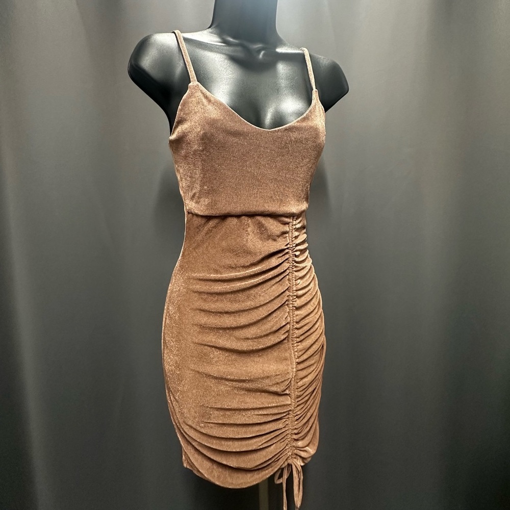 Ruched Shimmer Mocha Adjustable‎ Spaghetti Strap Mini Dress NWT Size Small